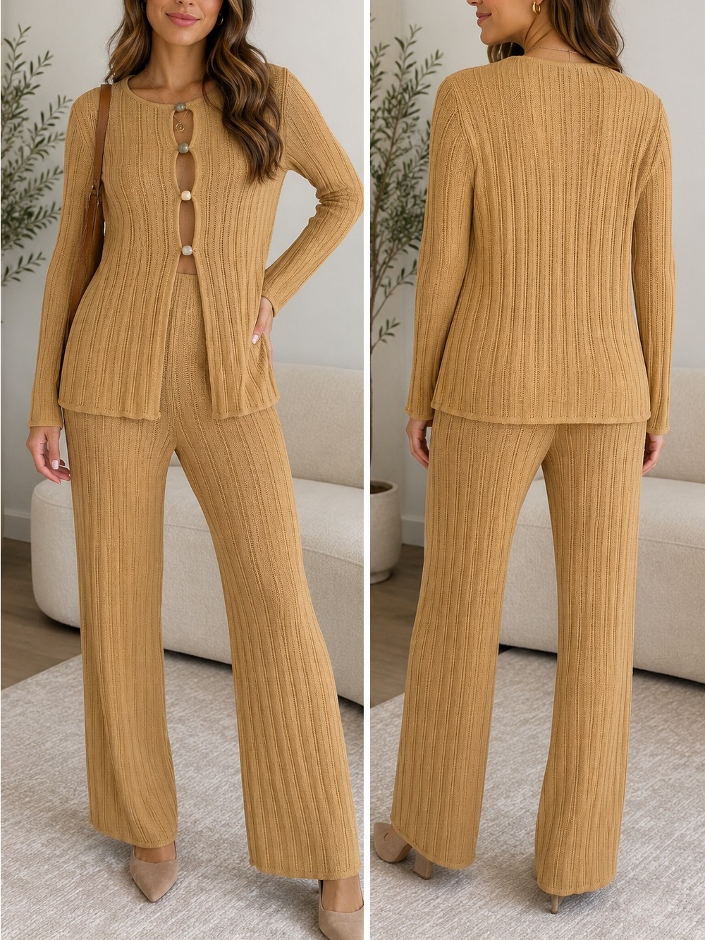 NWT Ribbed Knit Two-Piece Fall Set – Cardigan & Matching Pants Size Large